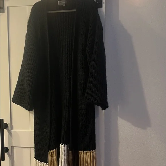 Anthropologie Long and Chunky Black Duster Cardigan with Tan Fringe (one size) - Picture 4 of 10